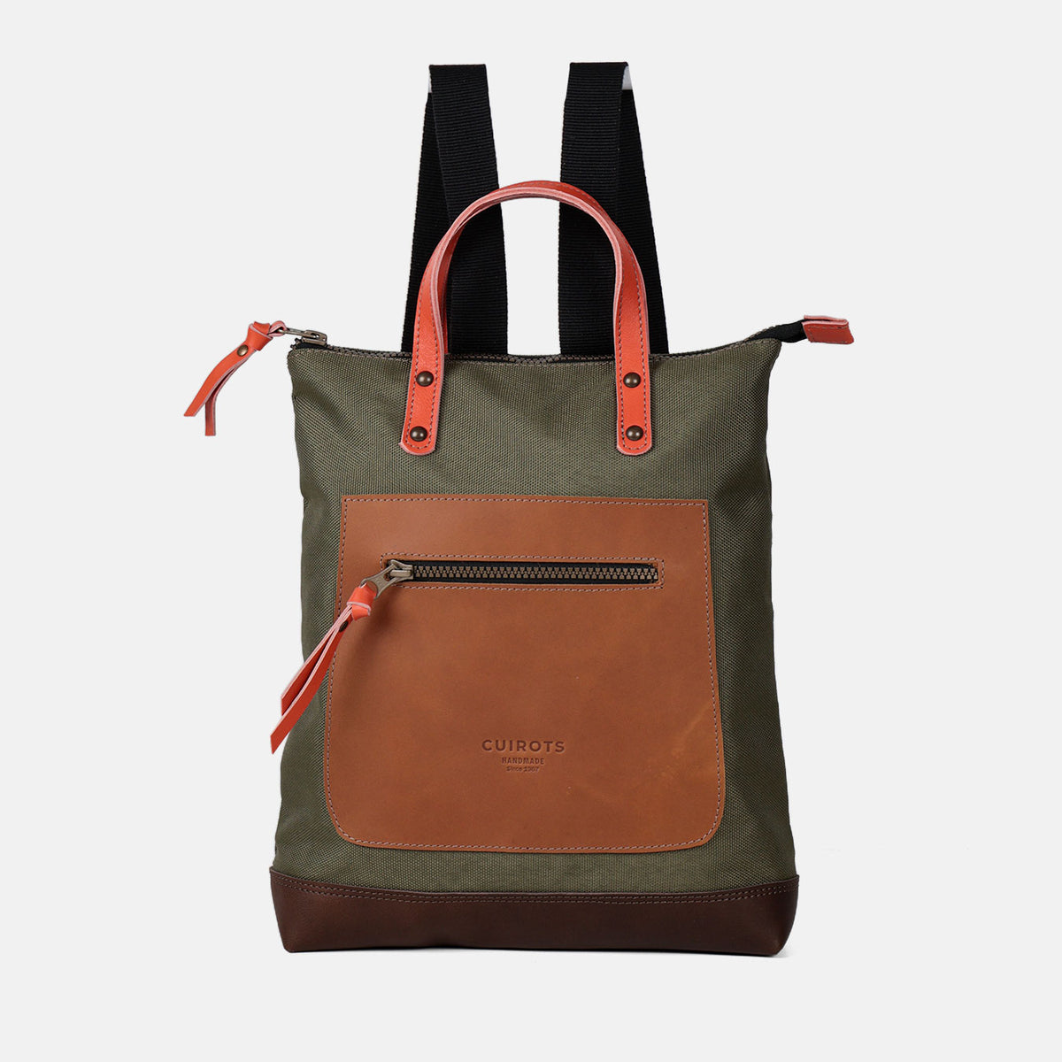 Mochila pequeña Trend de lona y piel en color kaki, vista frontal