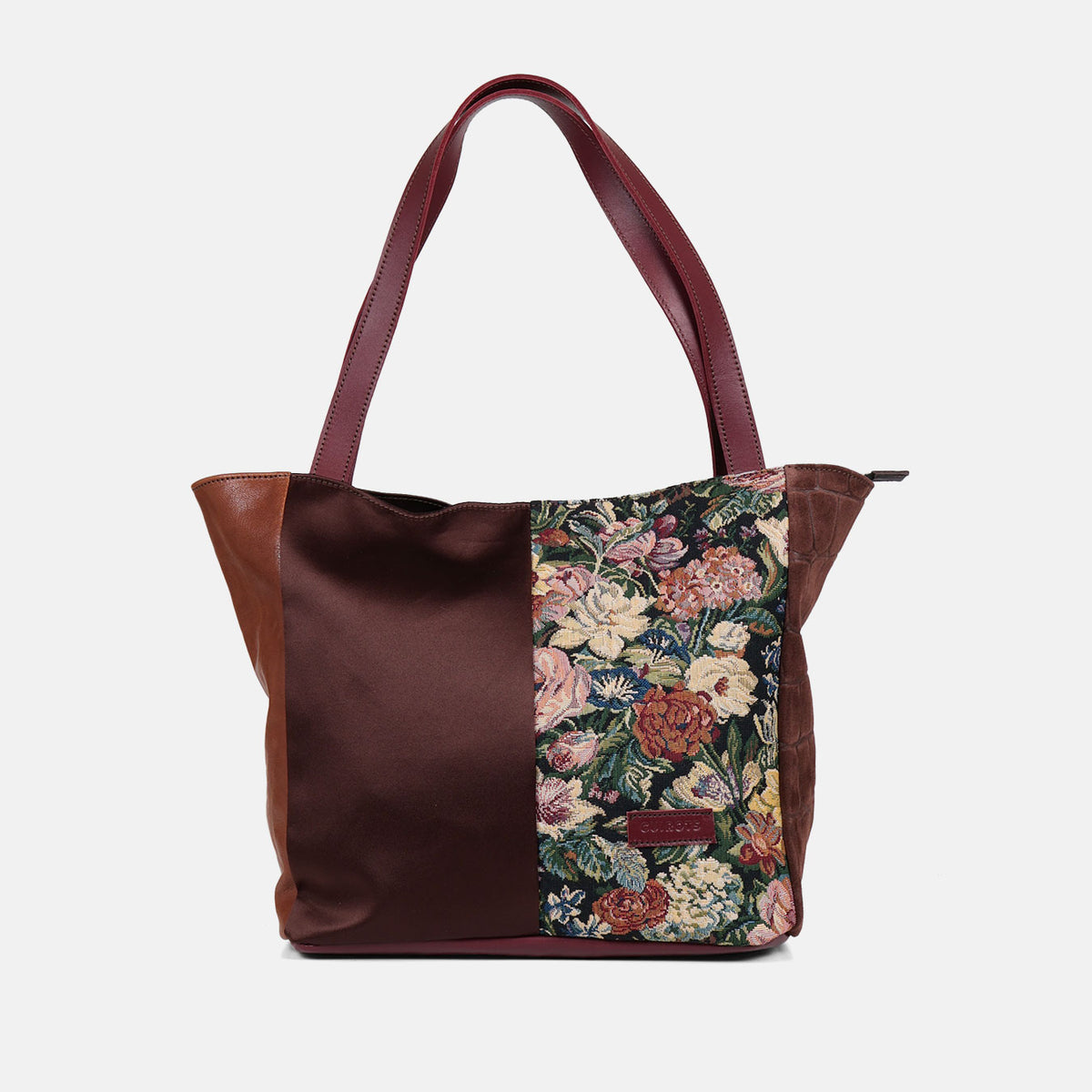 Shopper Brocado CUIROTS de jacquard floral, raso marrón y asas de piel burdeos, vista frontal
