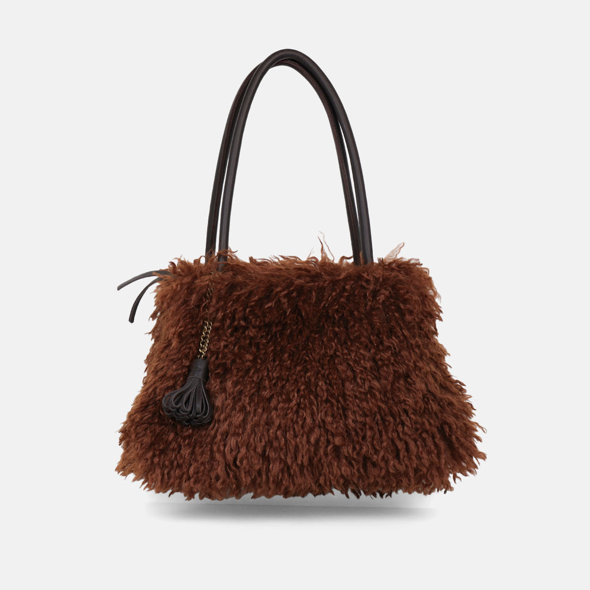 Shopper Caniche CUIROTS de pelo sintético rizado color canela con asas tubulares y pompón de piel, vista frontal