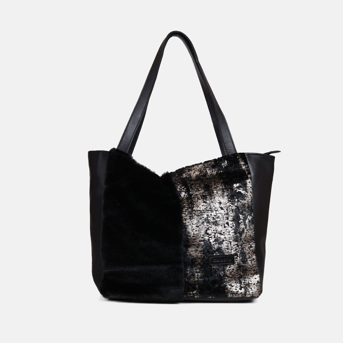 Shopper Midnight CUIROTS negro de jacquard metalizado plateado y pelo sintético, vista frontal