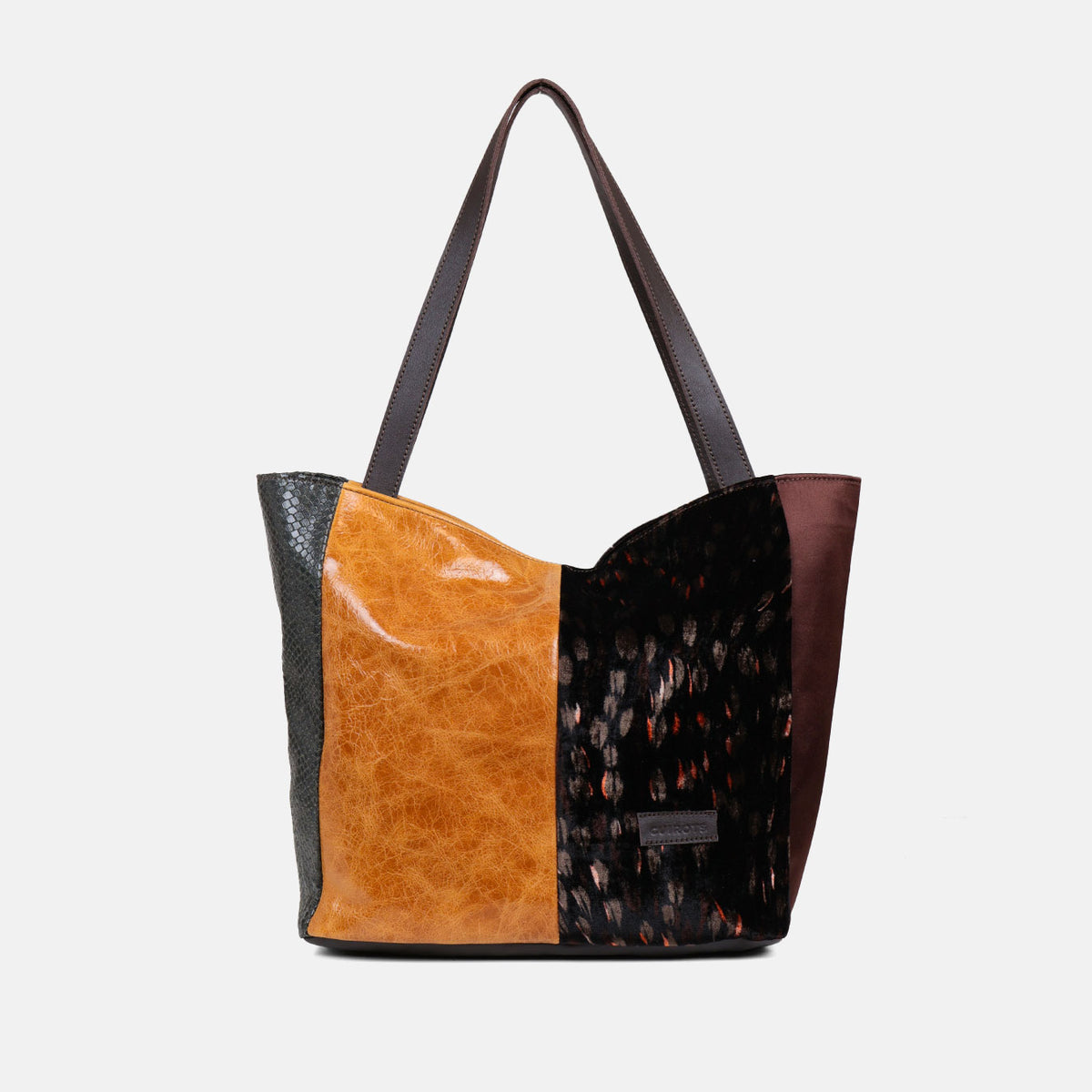 Shopper Velvet CUIROTS de terciopelo estampado y piel mostaza, vista frontal