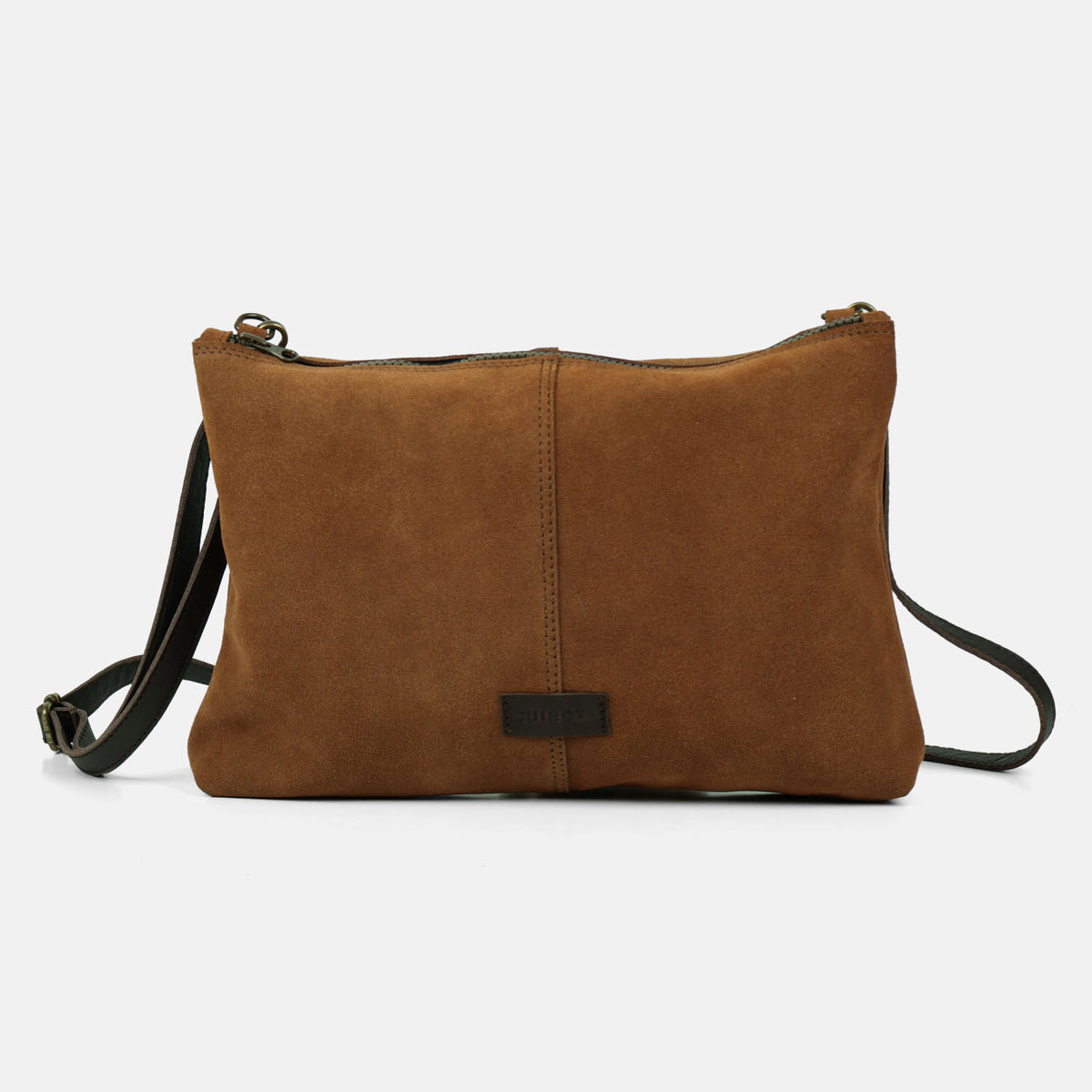 Bandolera mediana Zoe de serraje en color camel, vista frontal