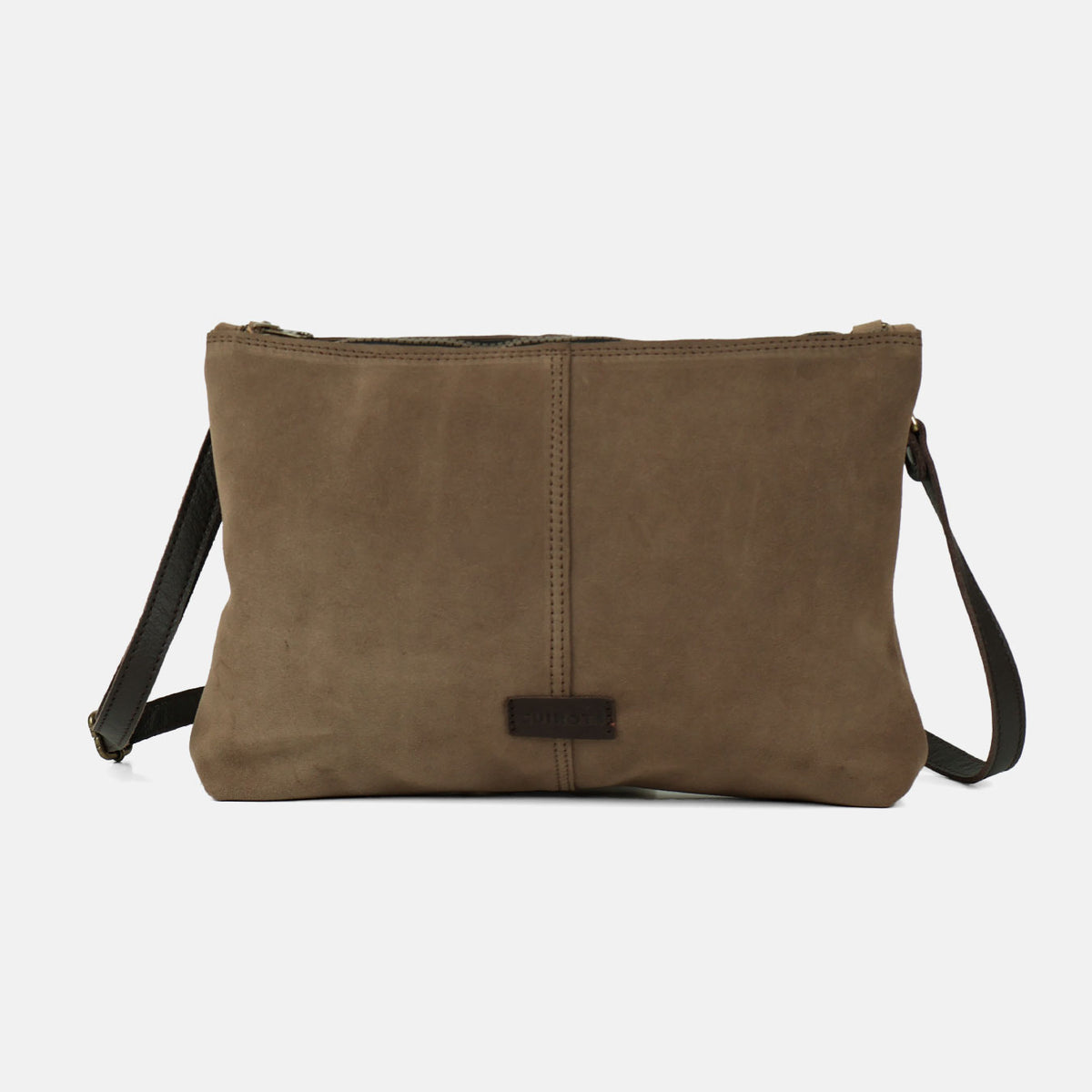 Bandolera mediana Zoe de serraje en color taupe, vista frontal