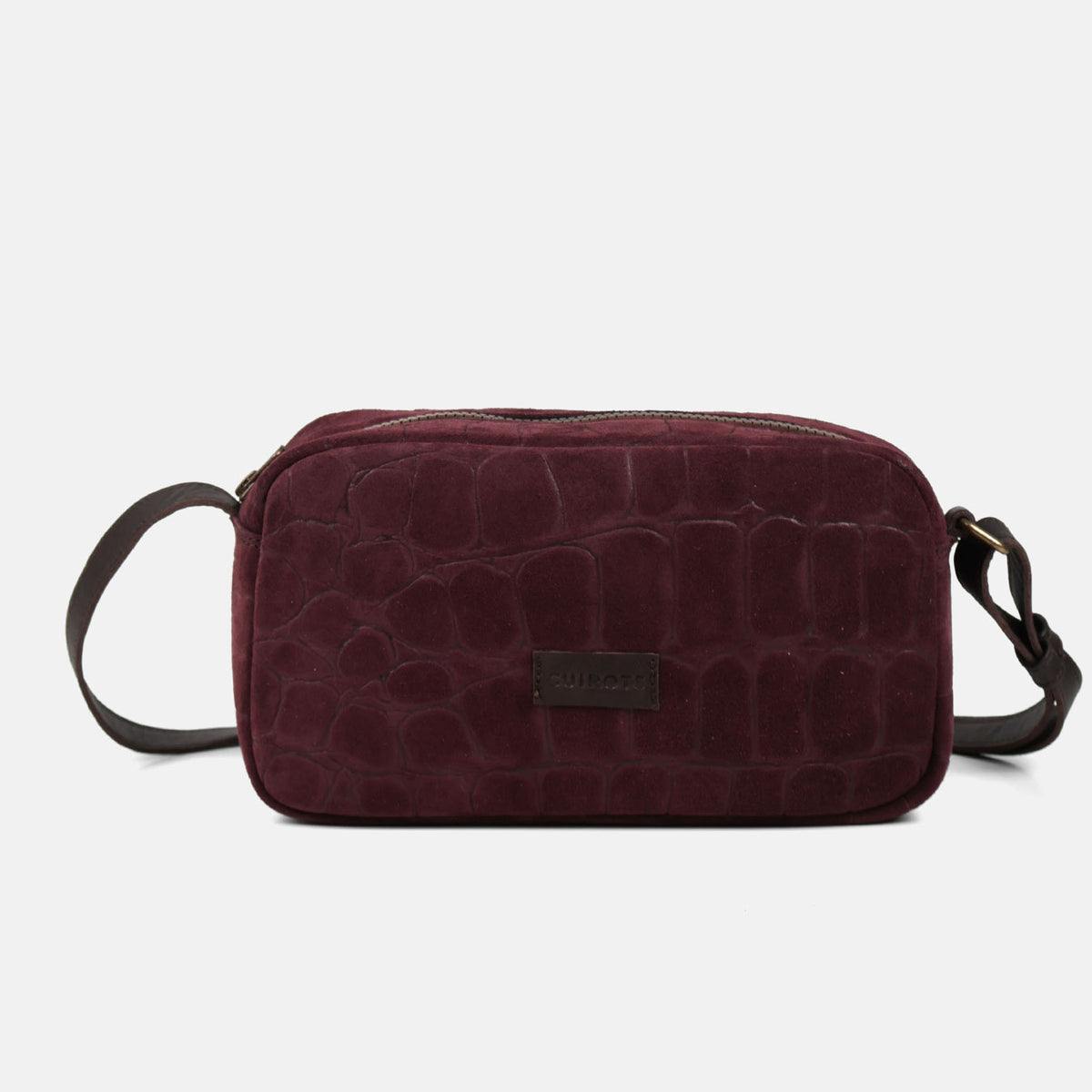 Bolso bandolera Coco de serraje en color burdeos, vista frontal
