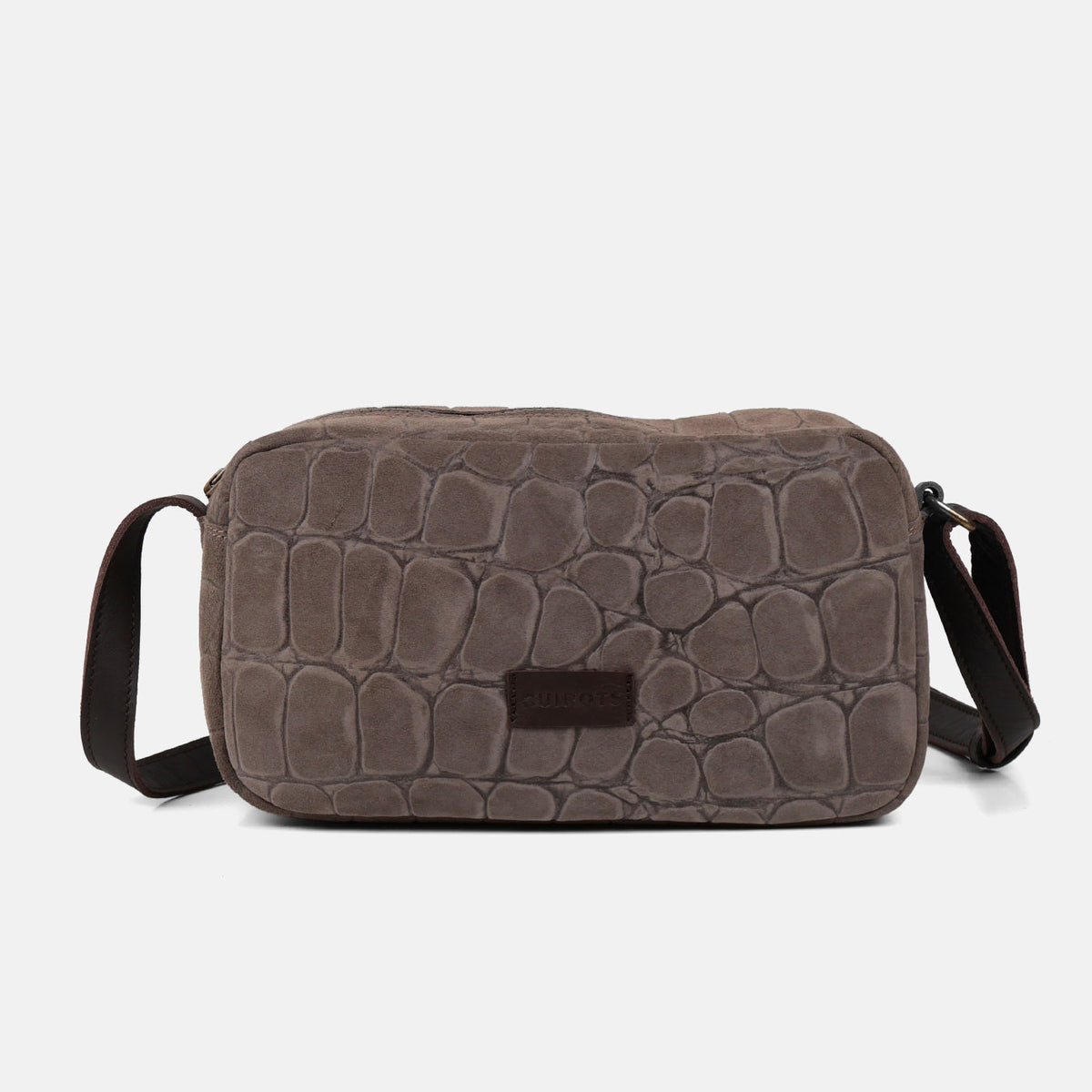 Bolso bandolera Coco de serraje en color taupe, vista frontal