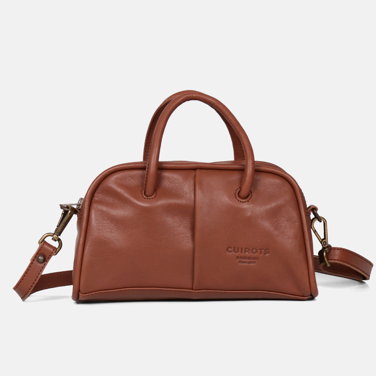 Bolso de mano y bandolera pequeño Classic de piel en color cuero, vista frontal