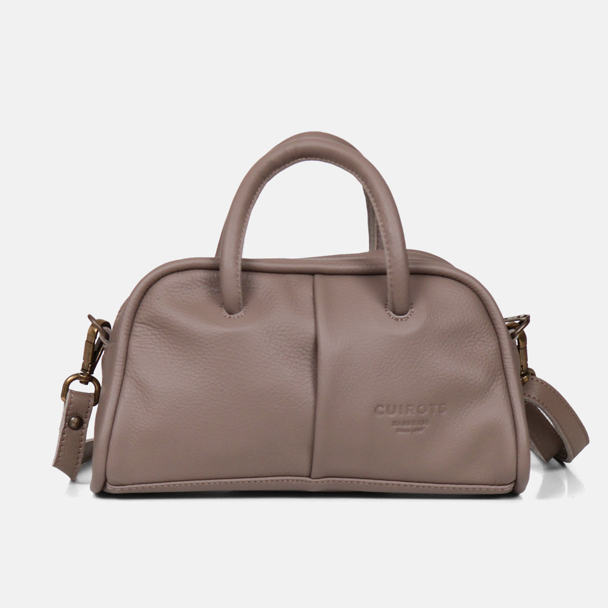 Bolso de mano y bandolera pequeño Classic de piel en color taupe, vista frontal con el asa larga