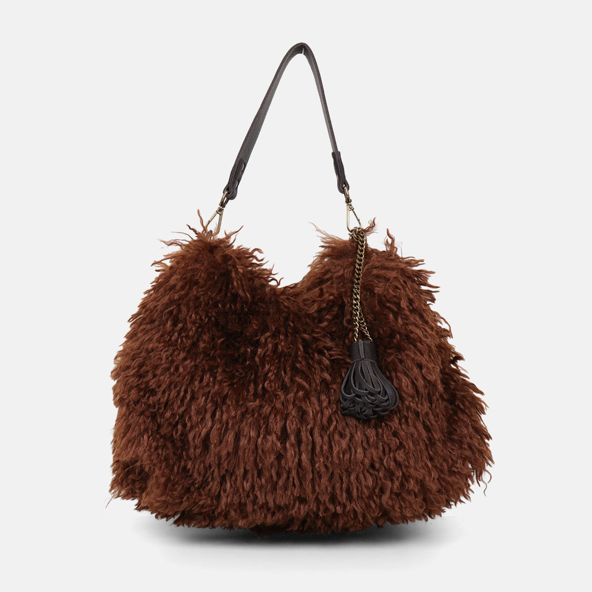 Bolso hobo y bandolera Caniche CUIROTS de pelo sintético rizado color canela con pompón de piel, vista frontal