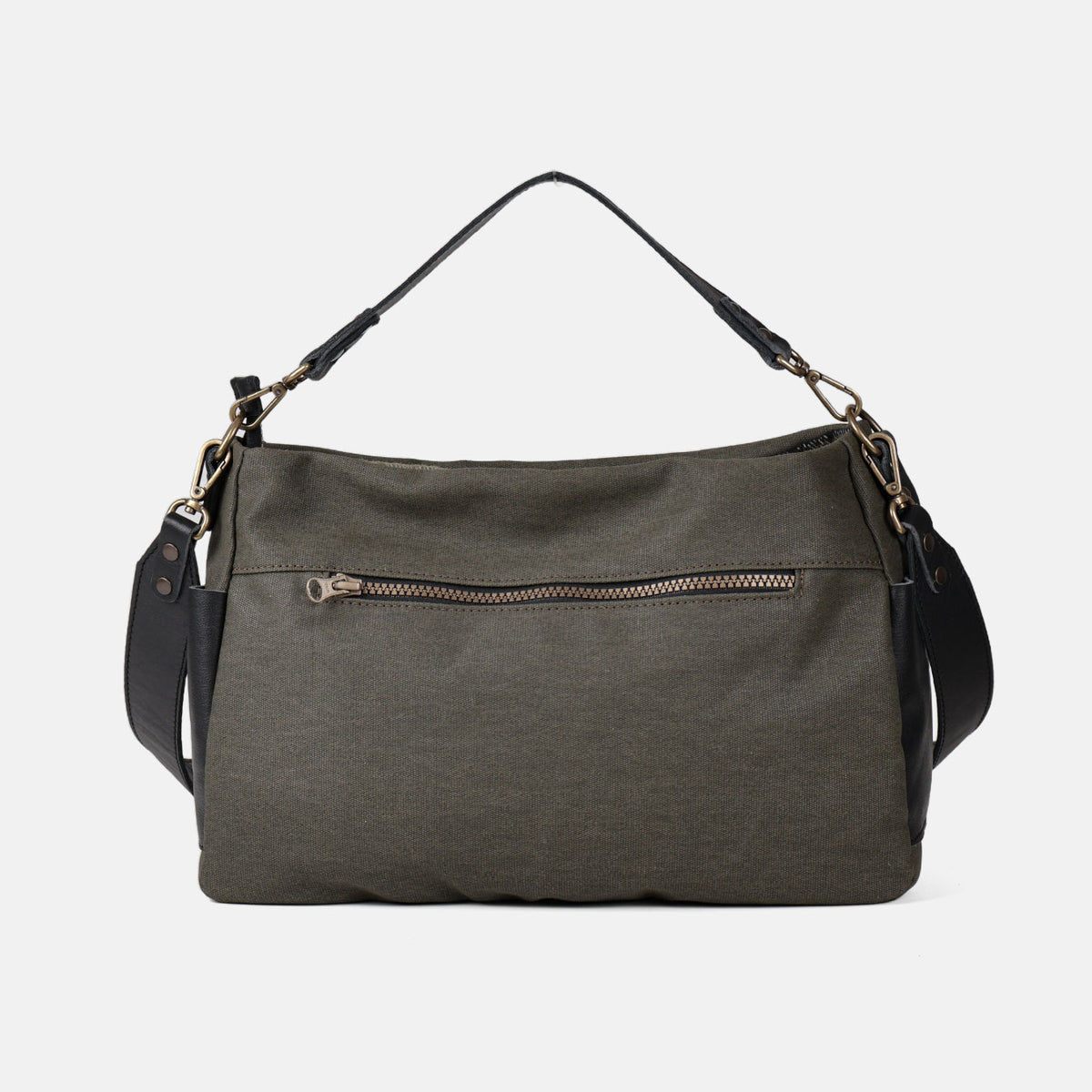 Bolso de hombro y bandolera Barbour en color kaki, vista trasera con bolsillo de cremallera
