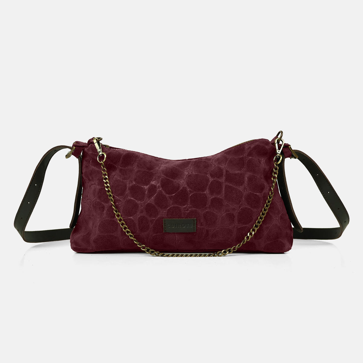 Bolso de hombro y bandolera Coco de serraje en color burdeos