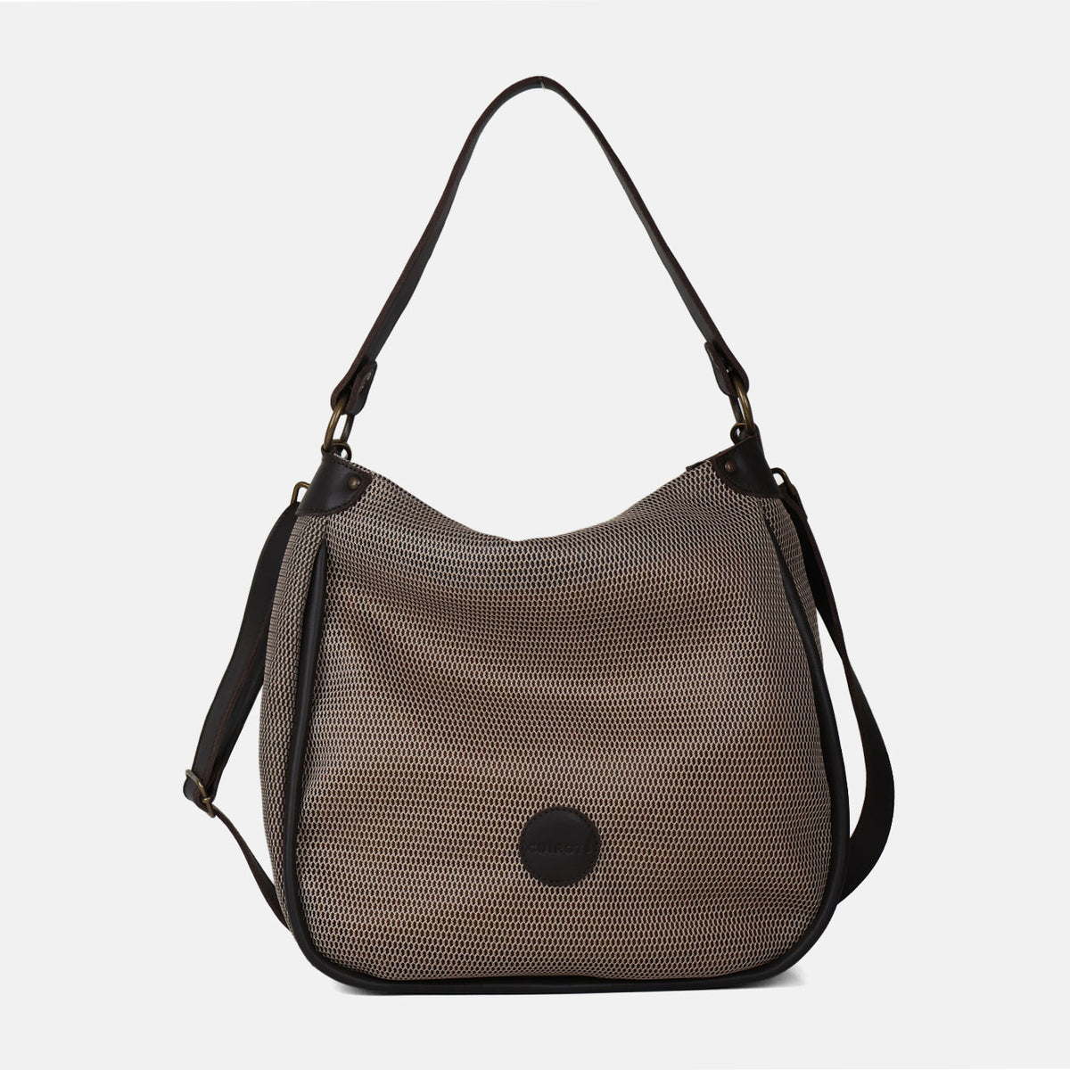 Bolso de hombro y bandolera Treck de rejilla en color beige, vista frontal