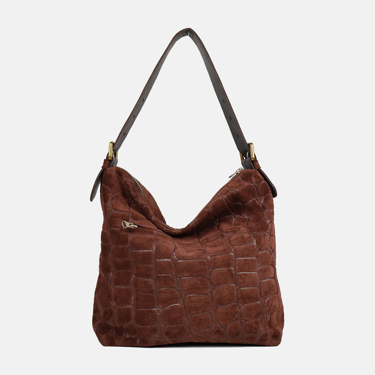 Bolso de hombro Coco de serraje en color testa, vista trasera con bolsillo con cremallera
