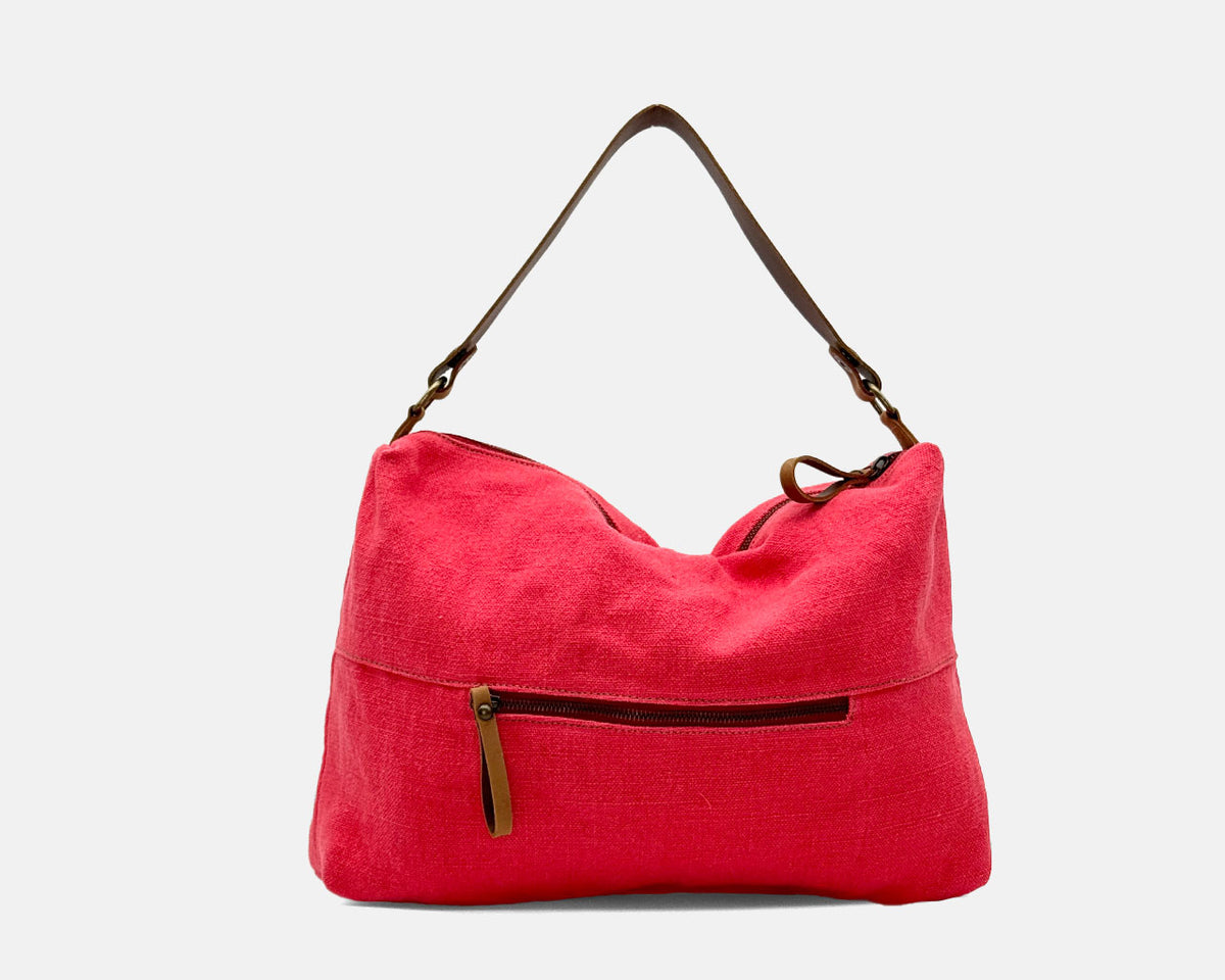 Bolso de hombro lino CUIROTS Louise en color fresa, vista trasera con bolsillo de cremallera