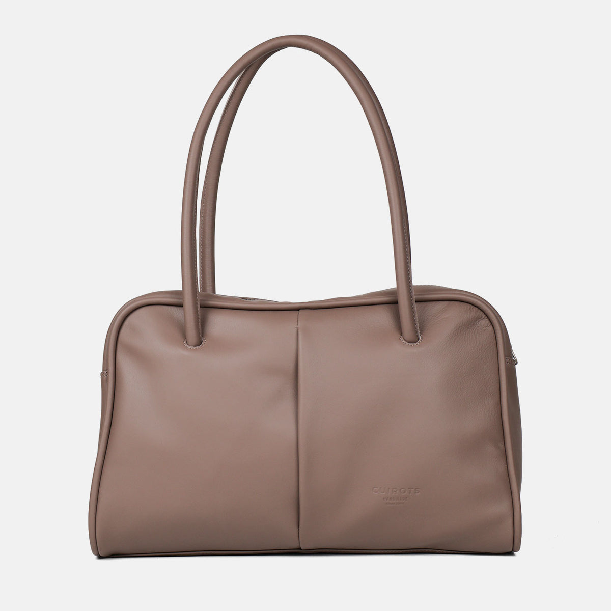 Bolso de hombro shopper Classic de piel en color taupe, vista frontal con asas tubulares
