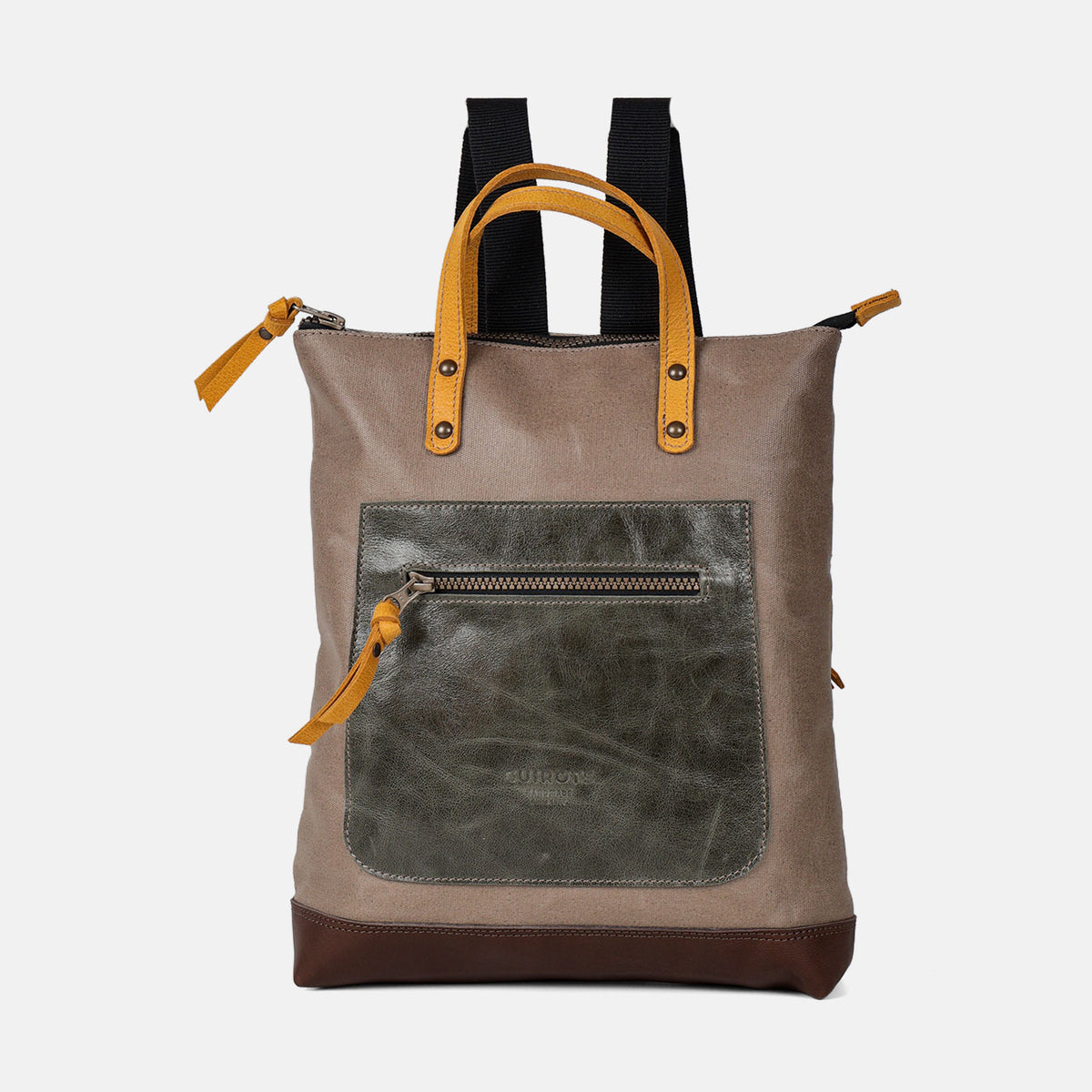 Mochila pequeña Trend de lona y piel en color taupe, vista frontal