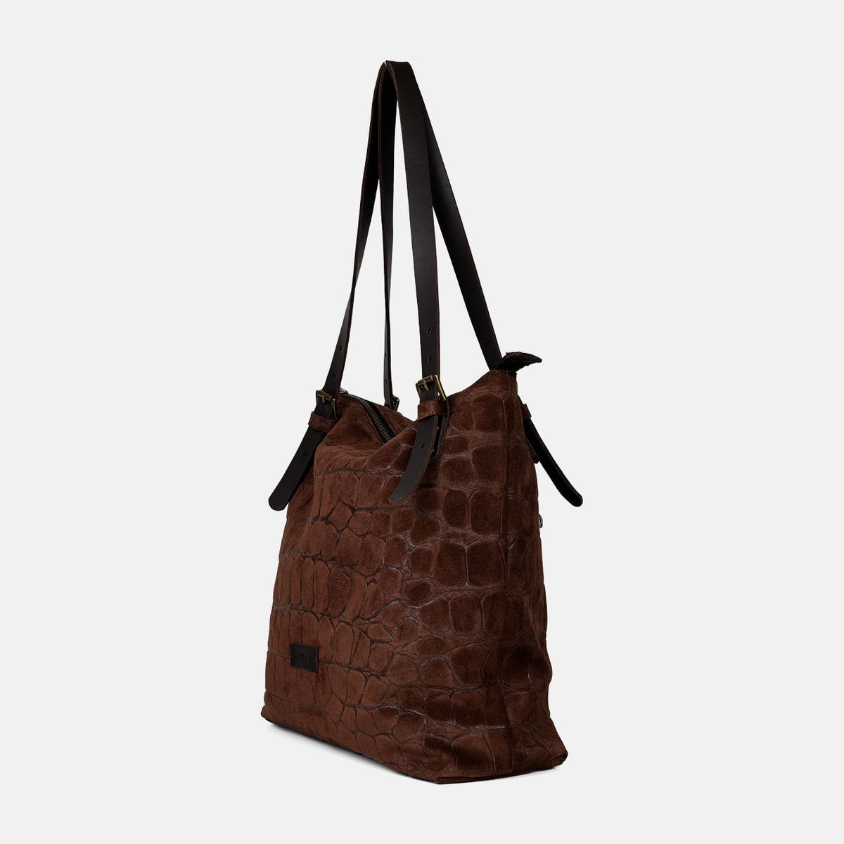 Shopper Coco de serraje en color testa, vista de tres cuartos con asas regulables