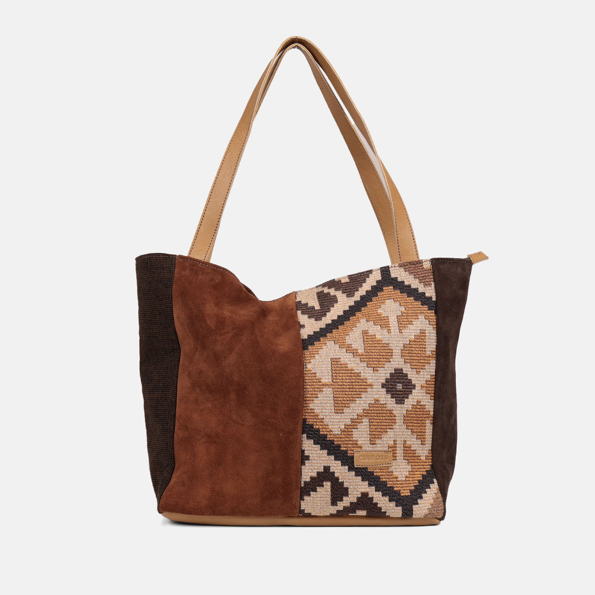 Shopper Kilim CUIROTS de serraje color cuero y jacquard de motivos étnicos, vista frontal
