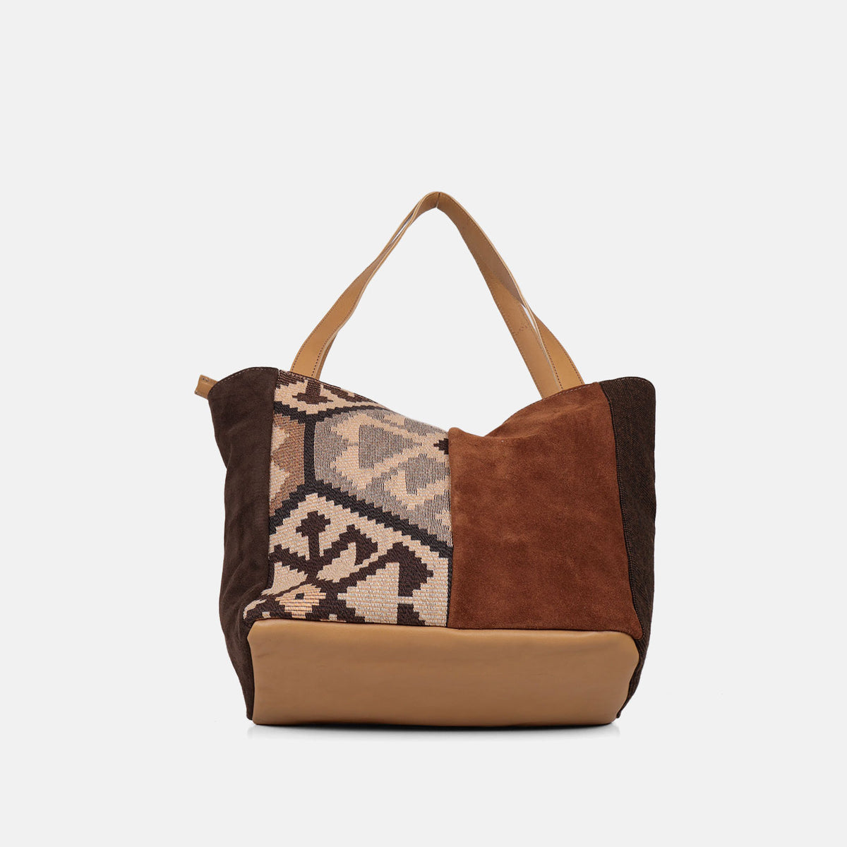 Shopper Kilim CUIROTS con la base de piel mostaza