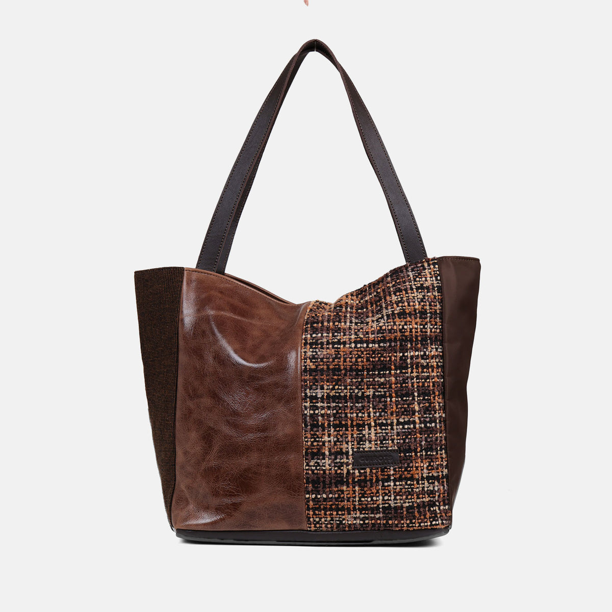 Shopper Tweed CUIROTS de piel marrón y jacquard tipo tweed, vista frontal