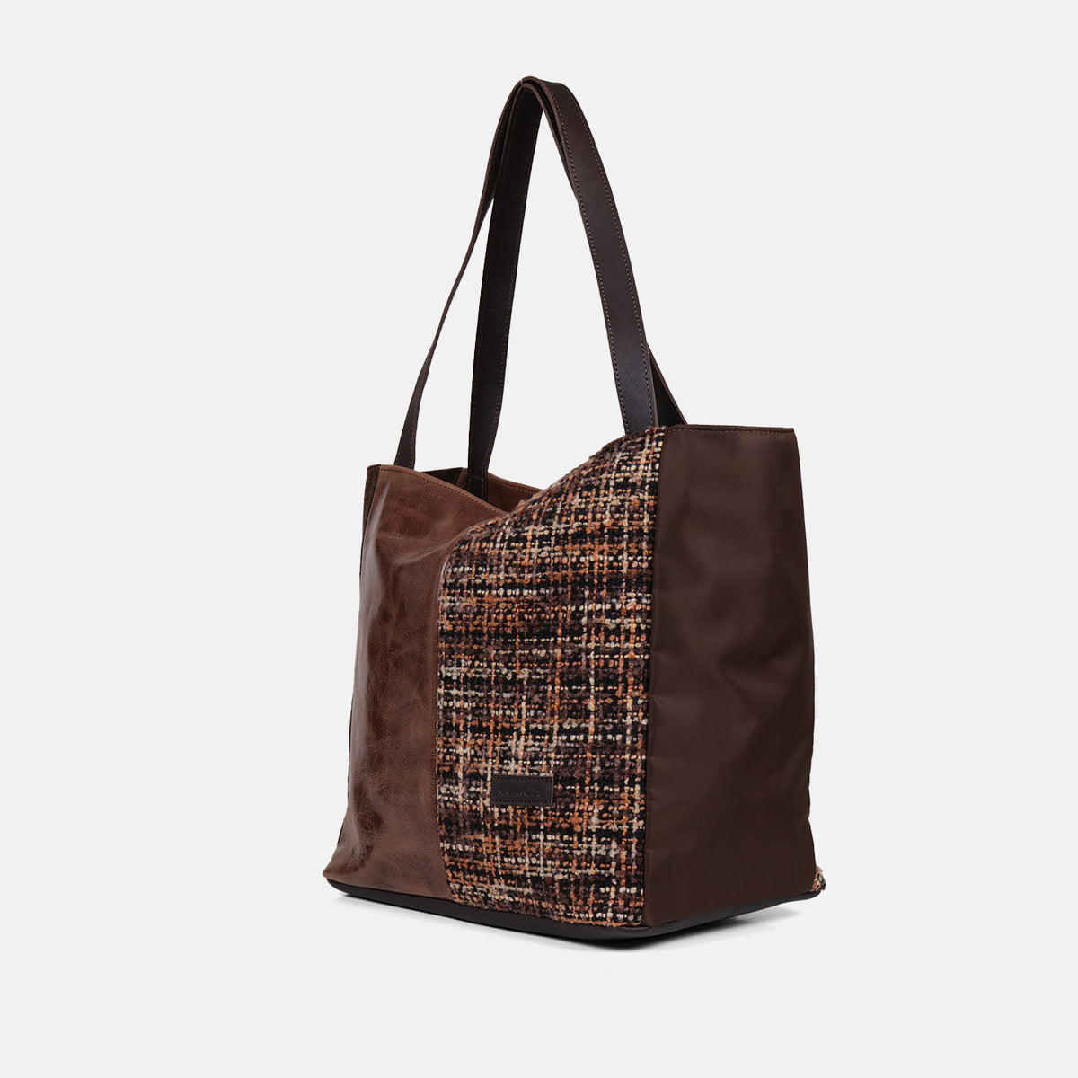 Shopper Tweed CUIROTS visto de lado, con el lateral de raso marrón